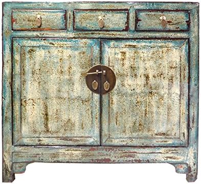 Chinese Distressed Blue Side Tall Credenza Table Cabinet Acs1695