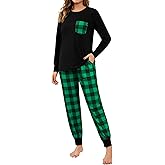 SWOMOG Women Christmas Pajamas Sets Buffalo Plaid Pajama Pants with Pockets Long Sleeve Tops Loungewear Set