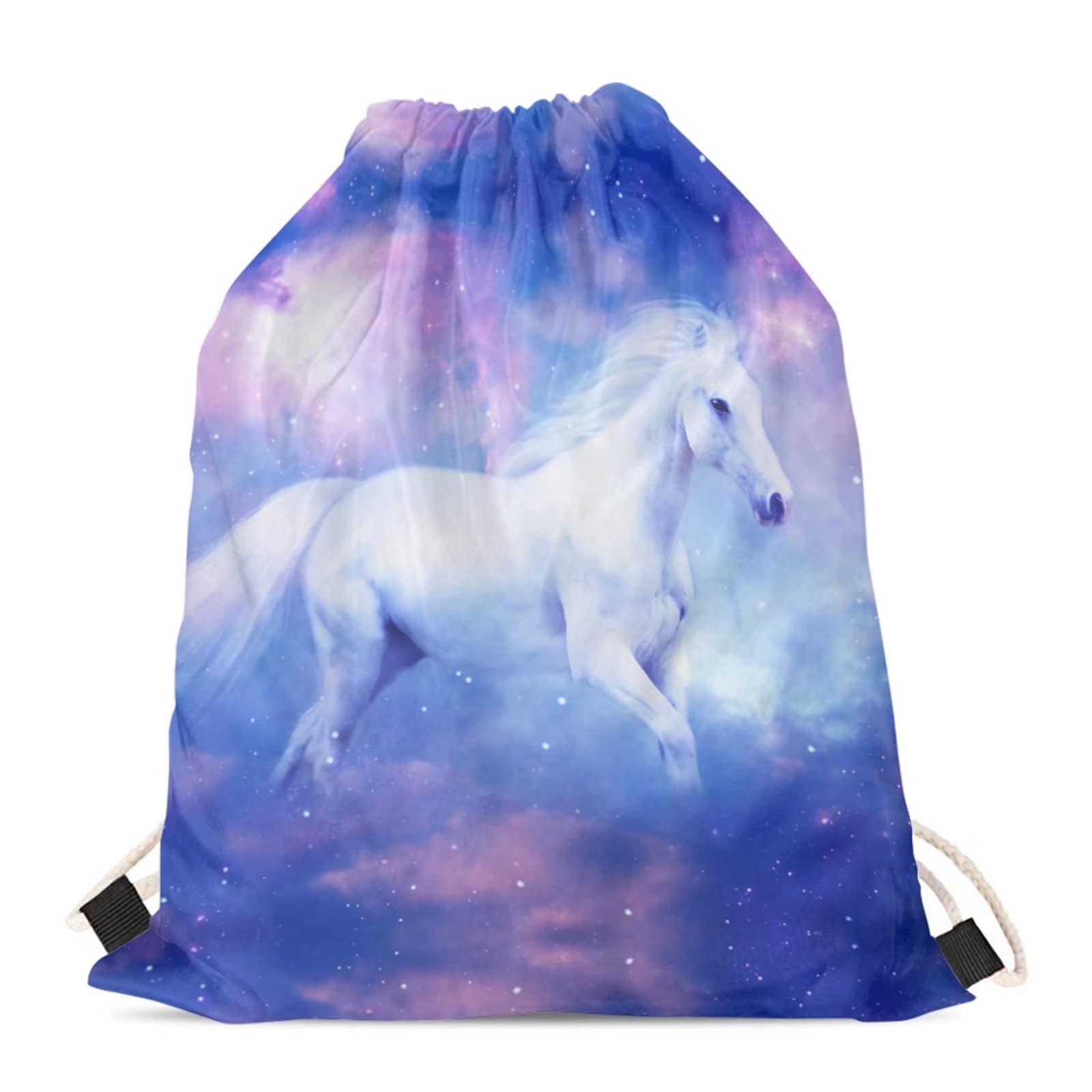 BYCHECAR Galaxy Horse String Swim PE Bag for Girls Drawstring Bags Children Sport Gym Sack Kids School Bookbag Women Beach Shopping Waterproof