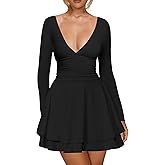 Kaximil Women's Sexy Long Sleeve V Neck Mini Dress Ruched A Line Flowy Cocktail Party Short Dresses