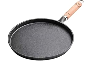 Cast Iron Skillet Pancake Pan Round Griddle Thick Nonstick Egg Frying Pan Tortilla Crepe Pan Anti-scalding Wooden Handle Unco