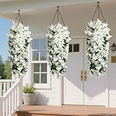 RioBeryo Artificial Fake Bougainvillea Hanging Flowers for Outdoors Decorations - 2 Bundles Uv Resistant Faux Plants Outdoor Indoor Planter Decor for Balcony Yard Porch Garden Patio Home Decor(White)