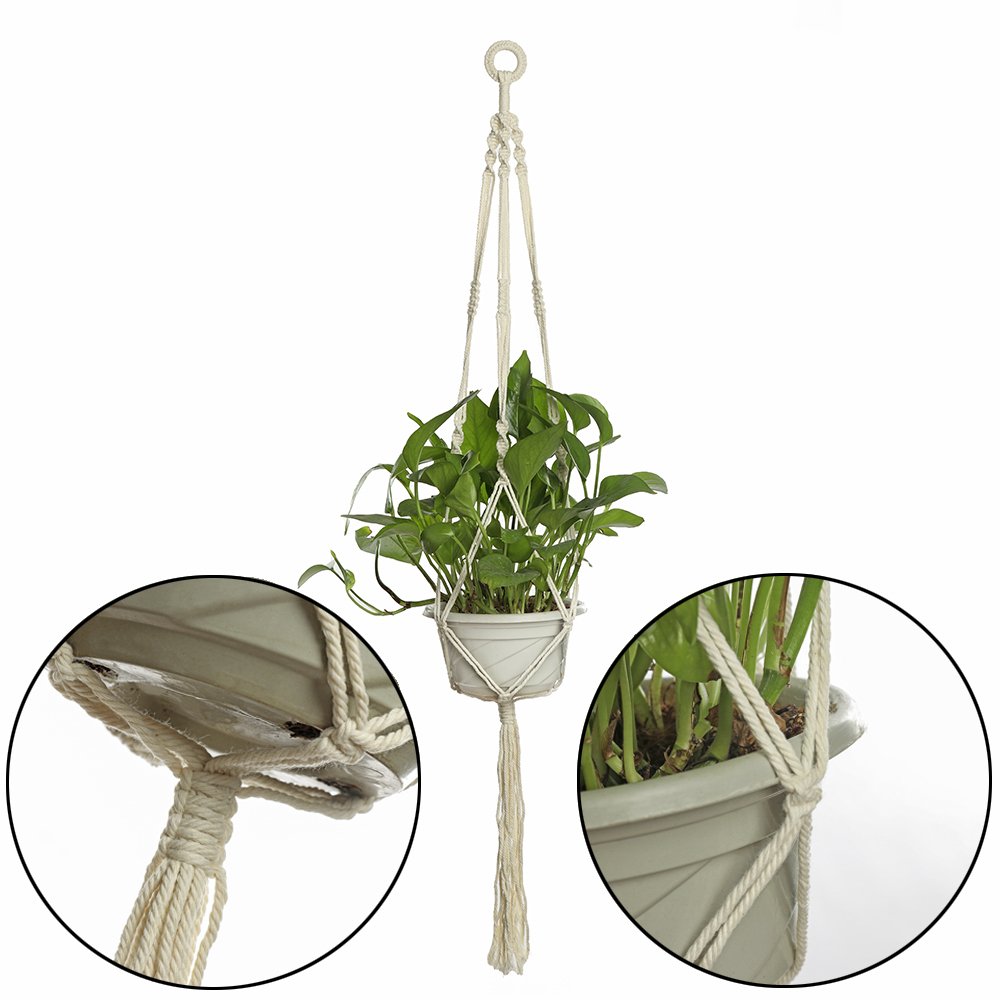 2 piezas de cesta de maceta para interiores y exteriores, colgante, cuerda de algodón, 4 patas de 101,6 cm, hecho a mano para interiores y exteriores, soporte de cuerda para colgar con gancho de techo, blanco