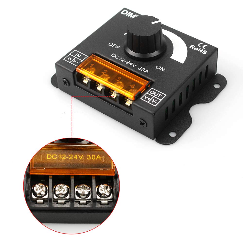 InduSKY Upgraded LED Dimmer PWM 12V-24V 30A Lighting Dimming Controller Single Channel + 5M 22AWG Extension Cable for Led Strips 3528 5050 Single Color + DC Power Cable 12V Plugs Female Connector: Industrial & Scientific