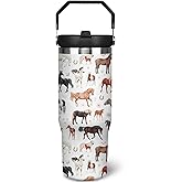 30 oz Horse Tumbler with Handle and Flip Straw, Vacuum Insulated Water Bottle Stainless Steel, Leak Proof Travel Coffee Mug Gifts for Horse Lover, Cute Animal Cup for Home Office Car Outdoors Sports