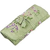TUMBEELLUWA Embroidery Travel Jewelry Bag Roll Embroidered Flower and Bird Brocade Organizer with Tie Close