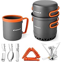 Odoland Portable Camping Cookware Set Equipment Heat Exchange Design with Gas Stove, Camp Pot Canister Stabilizer, Coffee Mug