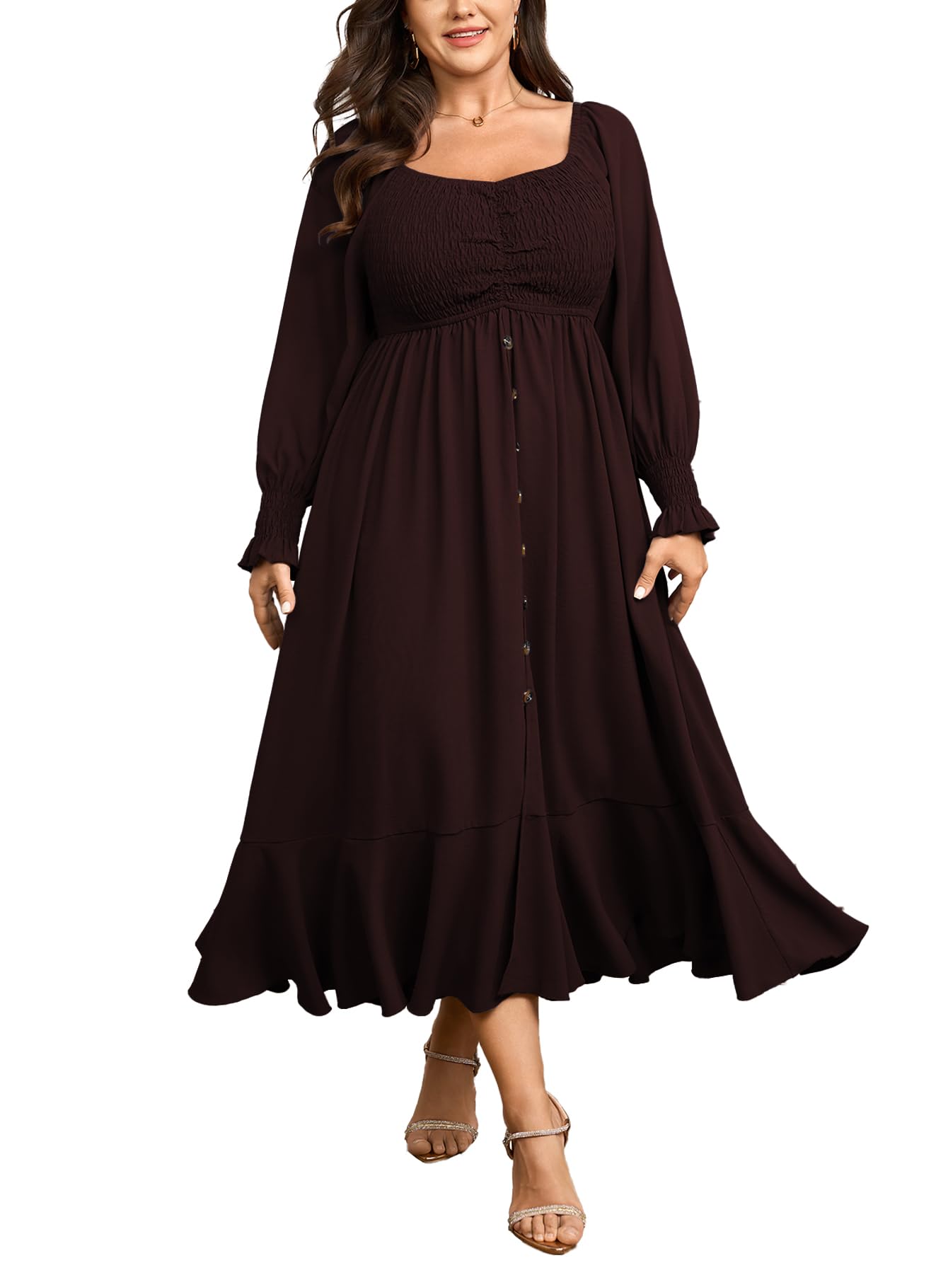 Photo 1 of CICIDUDU Plus Size Smocked Casual Maxi Dress for Curvy Women Long Sleeve Sweetheart Neckline Fall Dresses Button Down Burgundy SIZE 1XL 