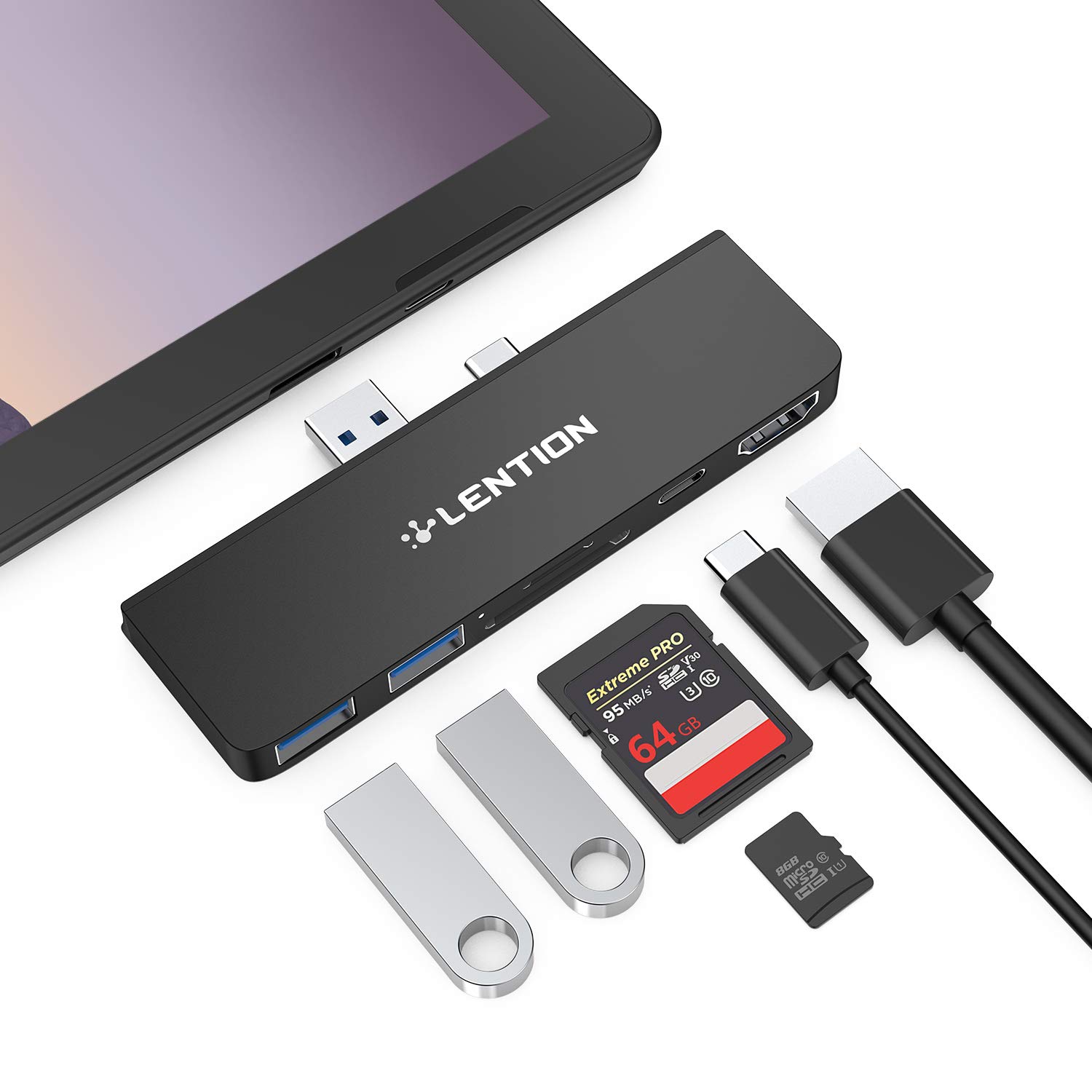 Lention Hub 7 In 1 USB-C Per Surface Pro 7 – HDMI 4K 60Hz, Lettore SD/MicroSD, 2 USB 3.0 E Ricarica 60W, Nero