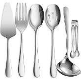 IAXSEE 6 PCS Stainless Steel Serving Utensils, Large Serving Spoons Slotted Spoons, Forks, Ice Suger Tongs, Cake Server, Soup Ladle, Metal Utensils Set Great for Buffet Catering Banquet Party, Silver