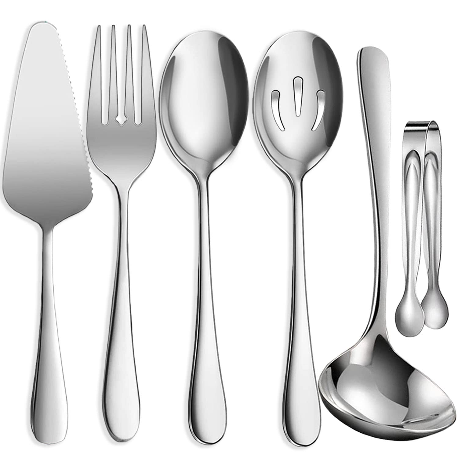 Photo 1 of IAXSEE 6 PCS Stainless Steel Serving Utensils, Large Serving Spoons Slotted Spoons, Forks, Ice Suger Tongs, Cake Server, Soup Ladle, Metal Utensils Set Great for Buffet Catering Banquet Party, Silver