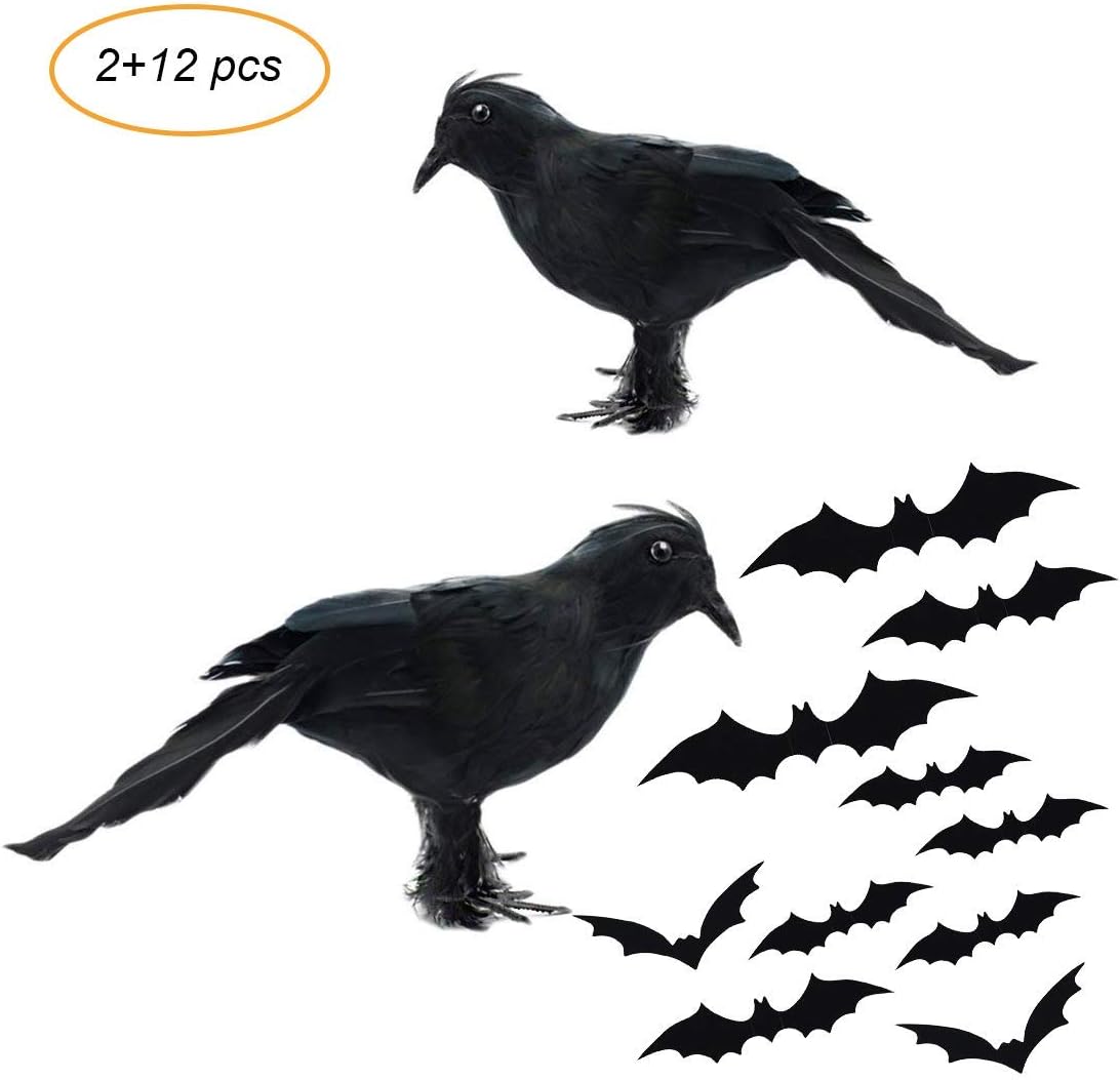 ZKLKLO Halloween Feathered Black Crows Realistic Feathered Crows Props Decor Halloween Decorations Birds -Set of 2