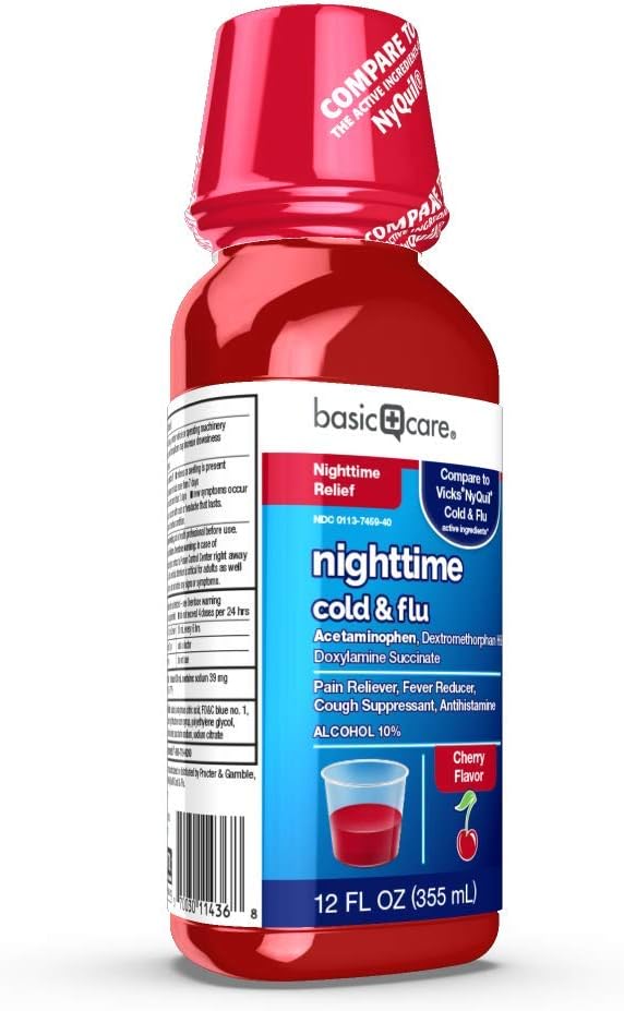 Basic Care Nighttime Cold & Flu Relief, Pain Reliever, Fever Reducer, Cough Suppressant, Antihistamine, Cherry Flavor, 12 Fluid Ounces: Health & Personal Care