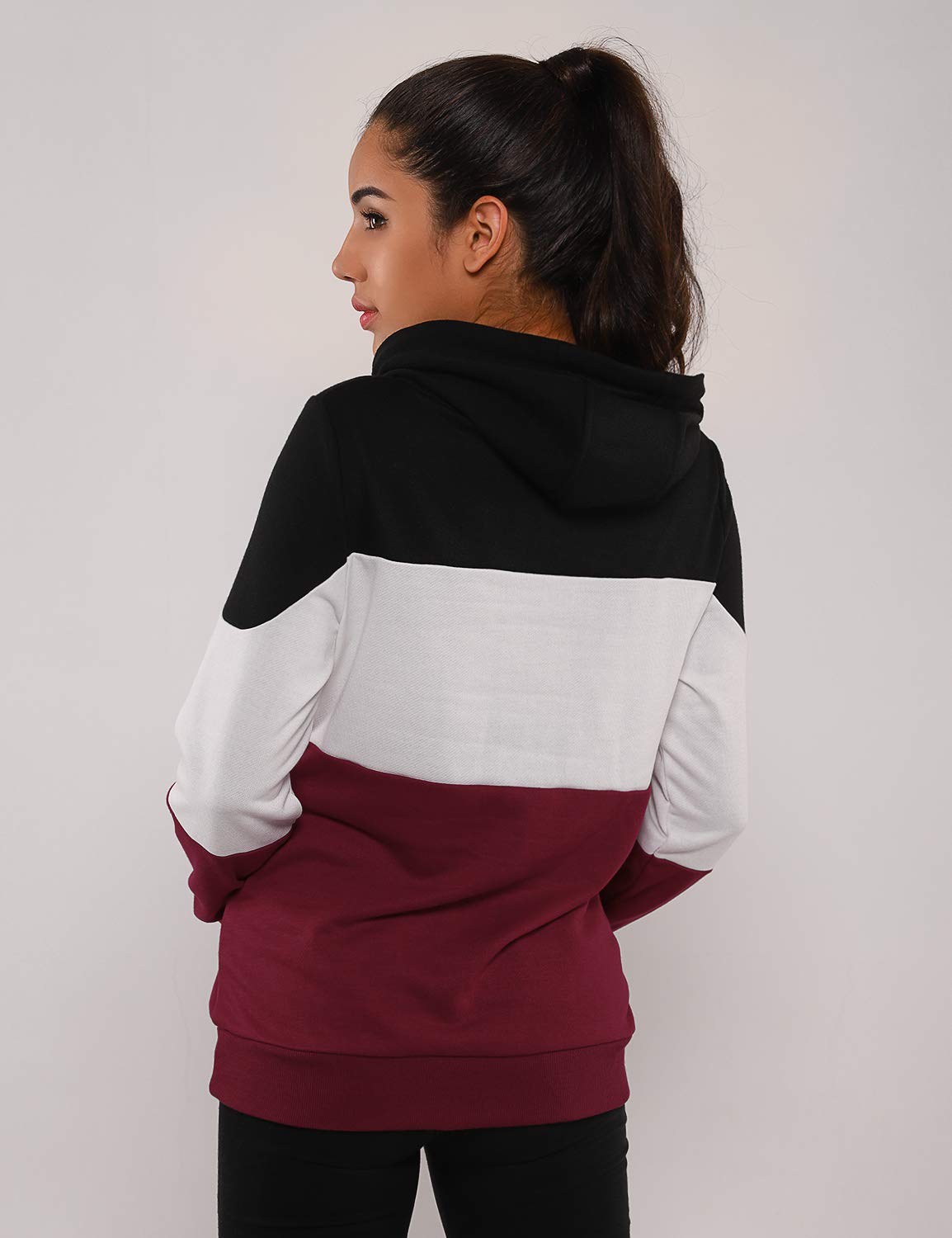 Blooming Jelly Women\'s Striped Hoodies Long Sleeve Drawstring Sweatshirt Color Block Tops with Pocket(Bkack,L=UK 14) Red