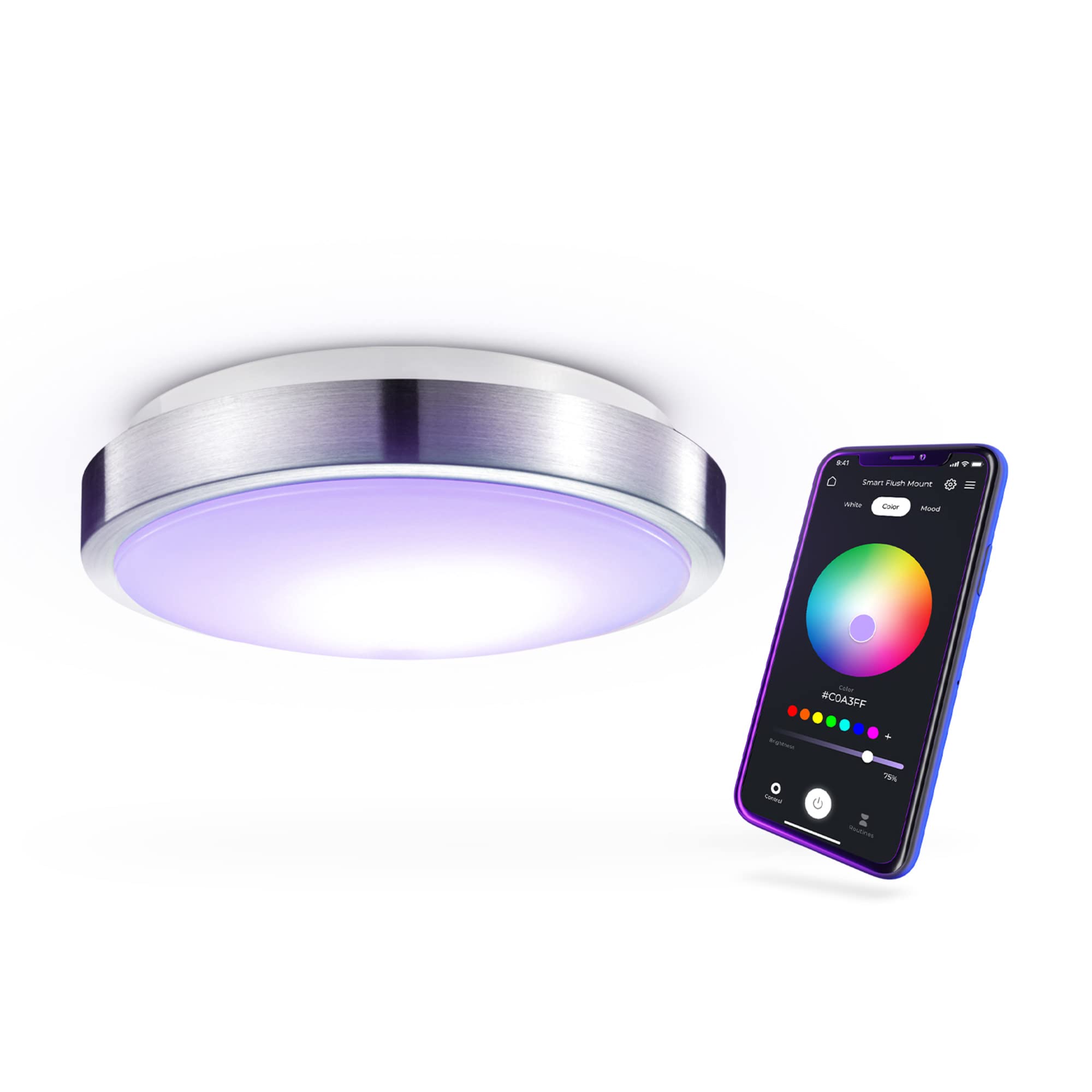 Photo 1 of **POSSIBLY FORT PARTS/UNTESTED** GLOBE Electric 60839 Wi-Fi Smart 11" Flush Mount Ceiling Light, Brushed Nickel, No Hub Required, Voice Activated, Energy Star, 16 W, Multicolor Changing RGB, White 2000K - 5000K, 1120 Lumens, 80 CRI