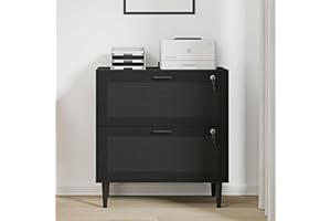 CQ Hi-Q Furniture 2 Drawer File Cabinet, Lateral File Cabinet with Lock, Rattan Wood Filing Organization Cabinet for Home Office, Black