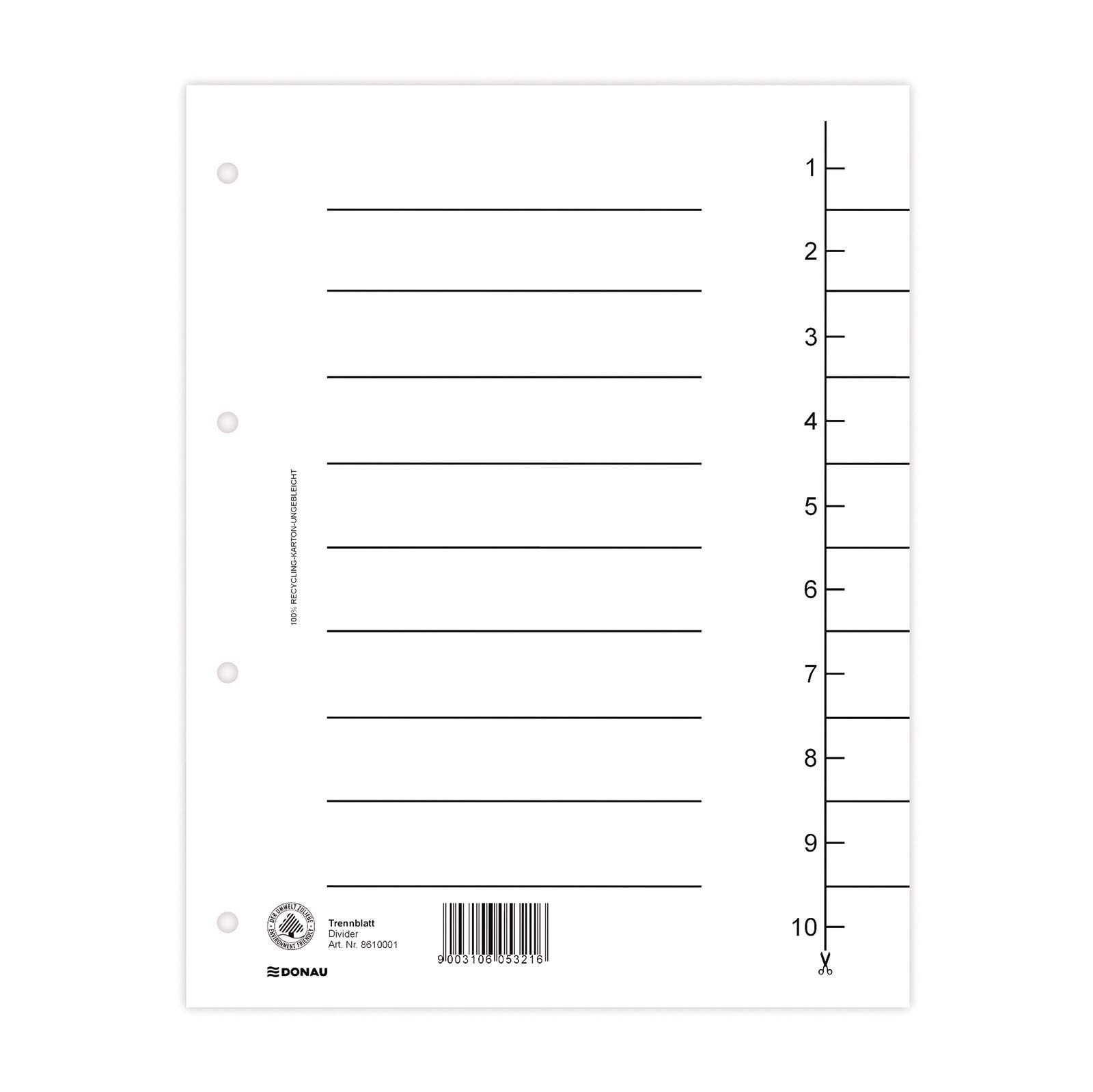 DONAU 8610001-09 Pack of 100 Dividers, Colour: White, Cardboard Index, Extra Wide, Made of Recycled Cardboard 250 g/m² with Line Print for DIN A4, 4-Hole Dividers, Dividers, Dividers, Index