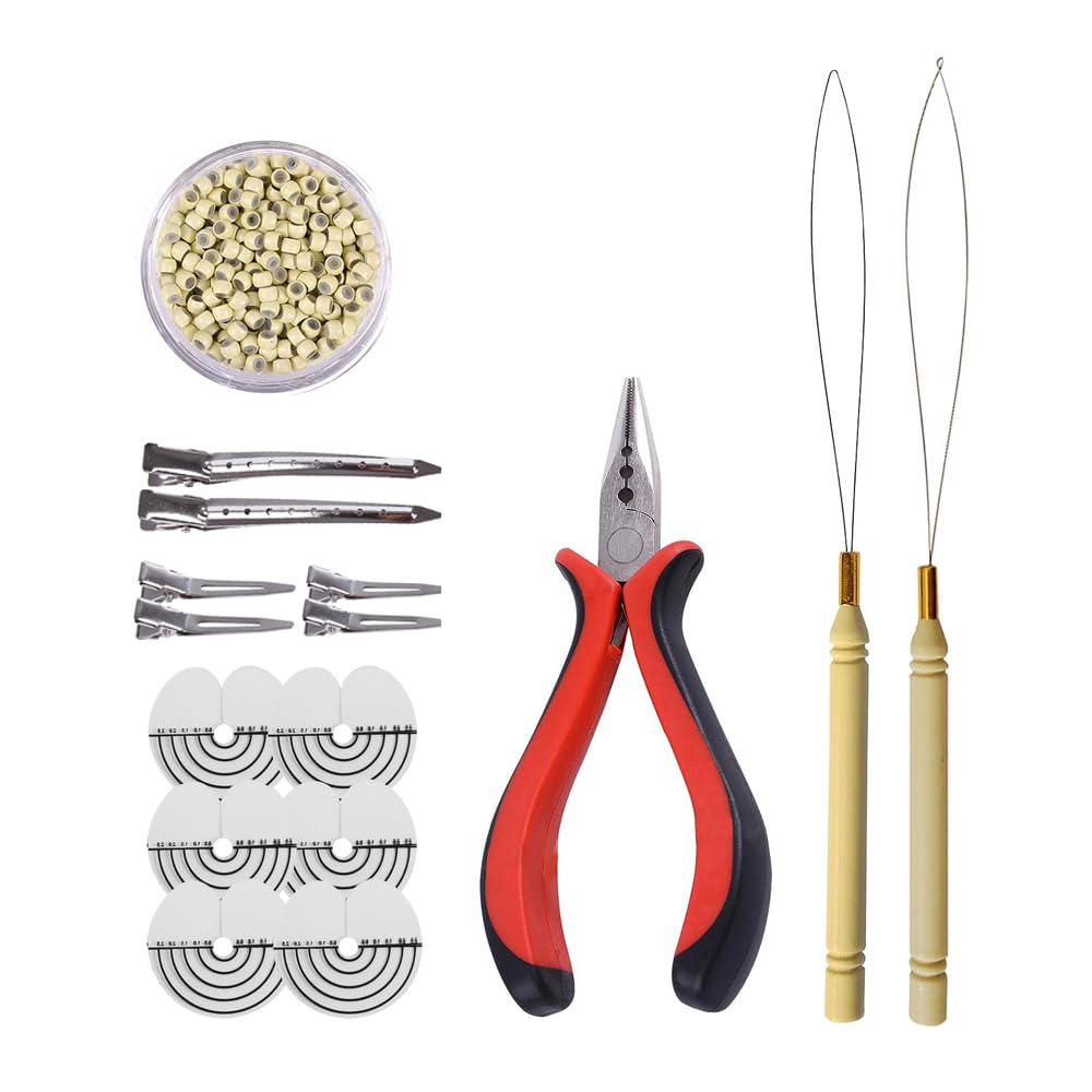Hair Extensions Tools Kit: 3 holes Hair Pliers, Pulling Needle Loop Threader and 500 Pieces 3.0mm Silicone Lined Nano Beads Rings (Blonde)