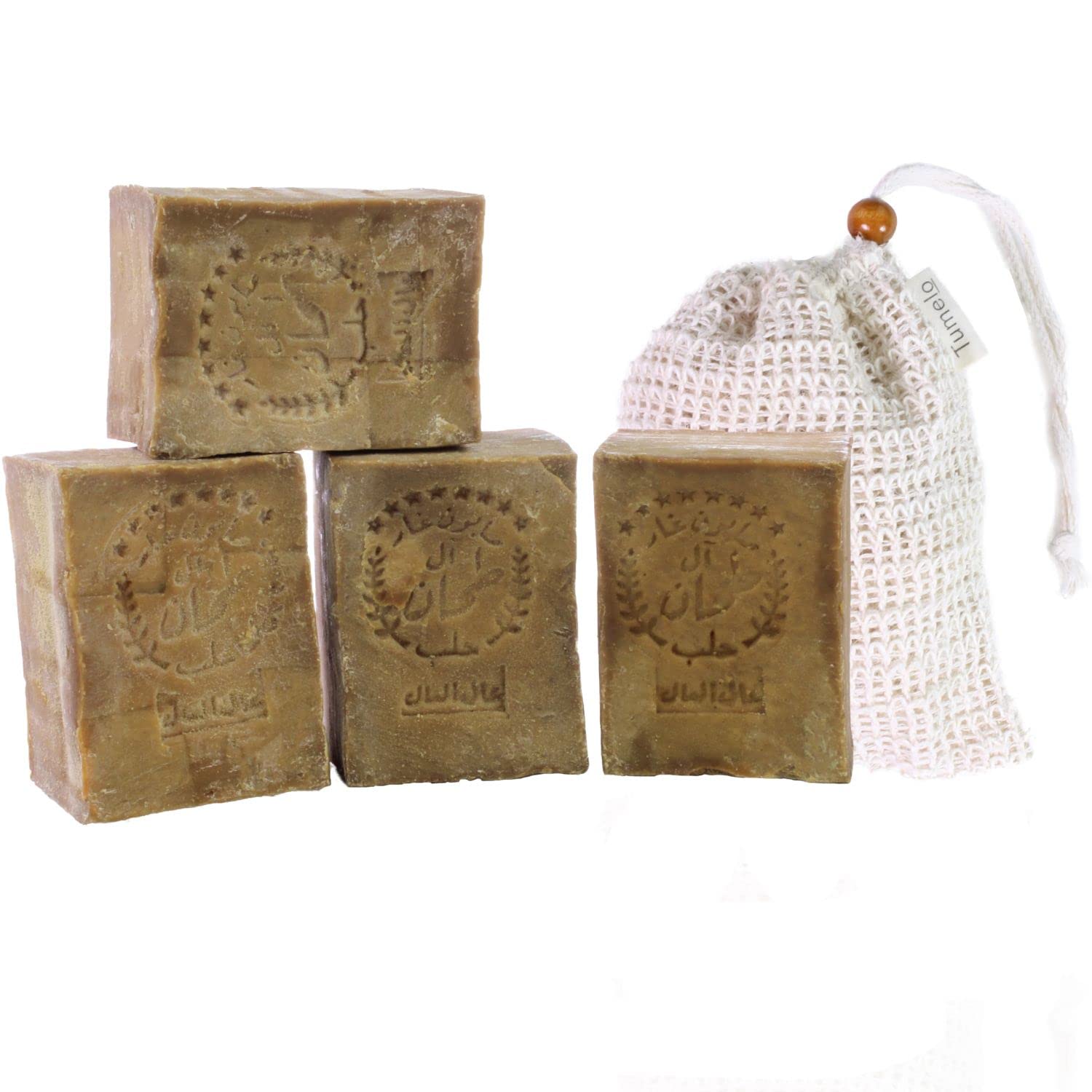 TUMELO Original Aleppo Soap 4 x 200g (800g) 80% Olive Oil 20% Laurel Oil + Soap Pouch - Handmade Olive Oil Soap - Natural Soap - Solid Hair Soap/Shower Soap