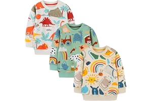 GFQLONG 2 Pack Toddler Boys Long Sleeve Pullover Crewneck Tops Shirts, Cotton Warm Dinosaur Cartoon Sweatshirts
