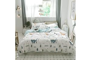BuLuTu Dinosaur Kids Bedding Sets Twin Cotton,3 Pieces Premium Soft Reversible Dino Forest Print Teen Boys Girls Twin Duvet Cover Set Cotton with Zipper Closure and Ties,NO Comforter