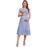 KOJOOIN Womens Maternity Short Sleeve Sweetheart Neck Summer Casual Smocked Boho Drawstring Maxi Dress Photoshoot Baby Shower