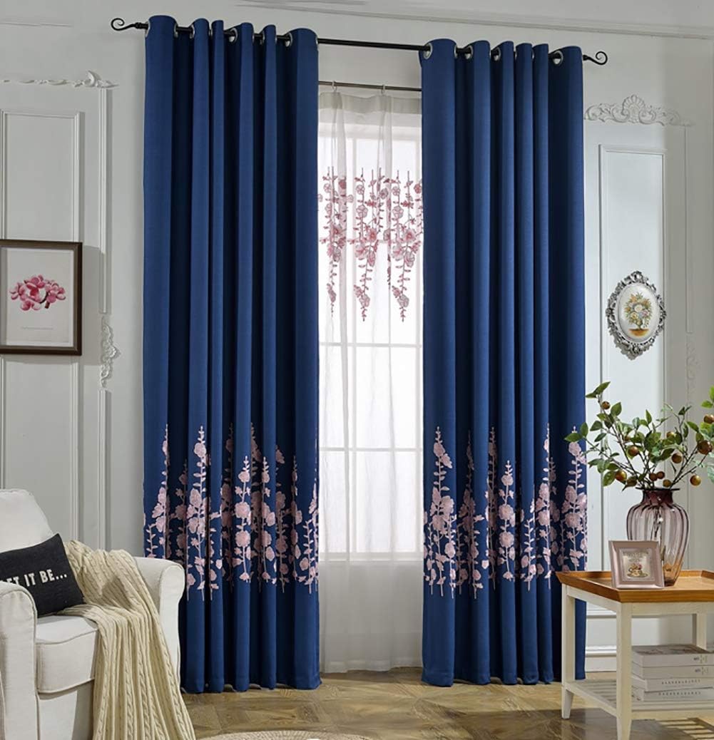 Embroidery Blackout Curtains Window Curtain Room Darkening Curtains Eyelet Super Soft Drapes Window Treatment Noise Reduce Panels for Home Decoration, Blue,W150xL270cm