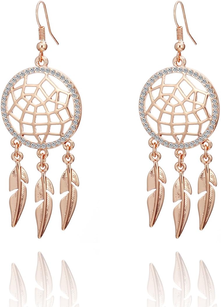 Dangle Earring for Women,Dream Catcher Drop Earring Rose Gold and Silver Earring Hypoallergenic Earring with CZ Crystal (Rose Gold Dream Catcher)