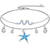 VONALA Starfish Anklet 925 925 Sterling Silver Starfish Layered Anklet Blue Opal Beach Jewelry Gift for Women