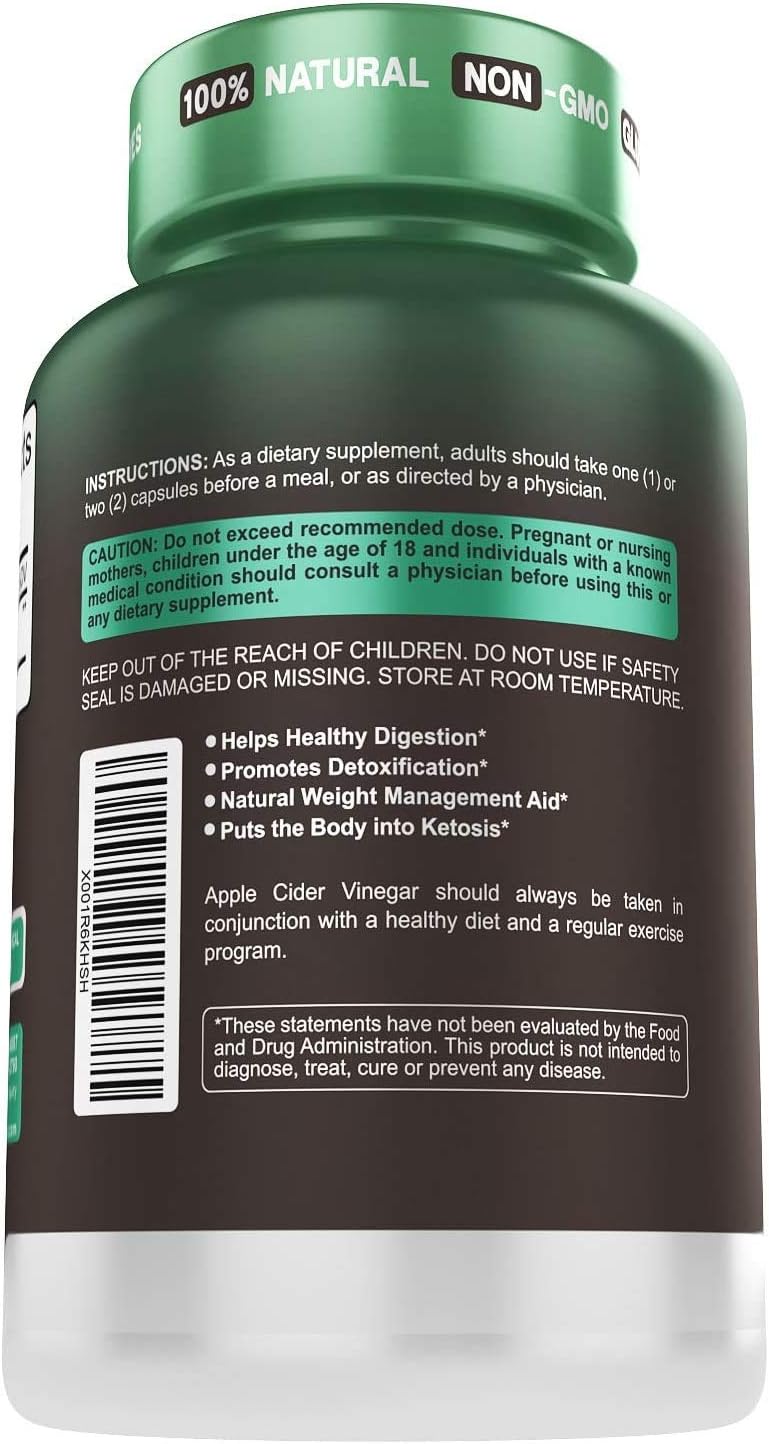 High Strength Raw Apple Cider Vinegar Capsules with Mother 1500mg Detox Support - Appetite Suppressant Keto Diet for Fat Burner Weight Loss Supplement (Packaging May Vary): Health & Personal Care