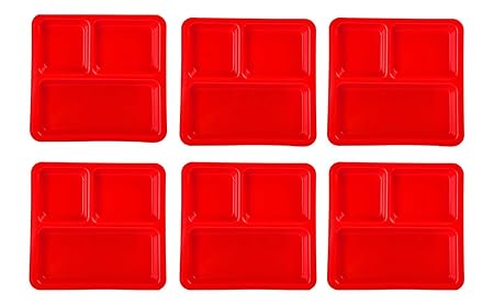 LIFEPLAST Partitioned set Microwave Safe 3 compartment divided dinner plates - Set of 6 (Square, Red)