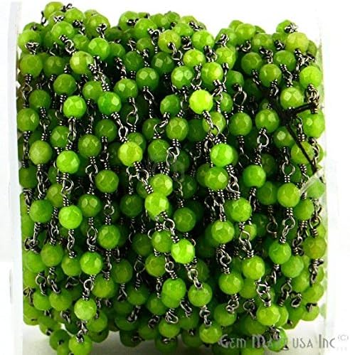 Wholesale 3 Feet Beautiful Vessonite Jade, 4mm Black Plated wire wrapped Rosary Chain by foot. (BPVJ-30017)