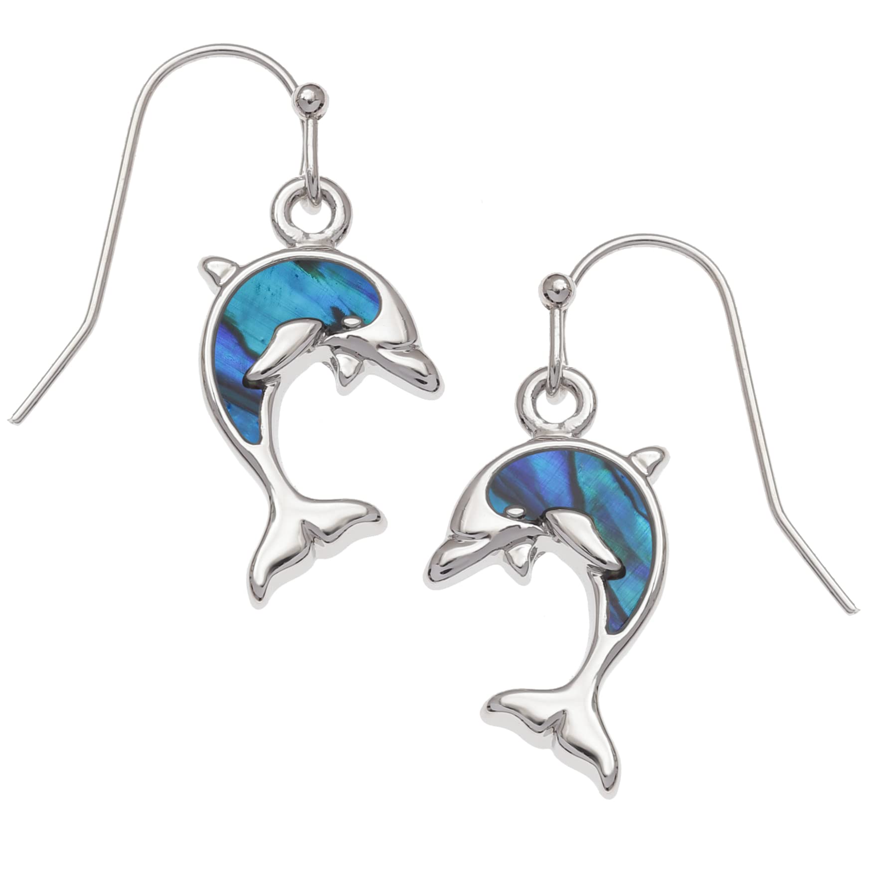 Kiara Jewellery Dolphin Fishhook Earrings Inlaid With Natural Bluish Paua Abalone Shell Non Tarnish Plating, Hypoallergenic