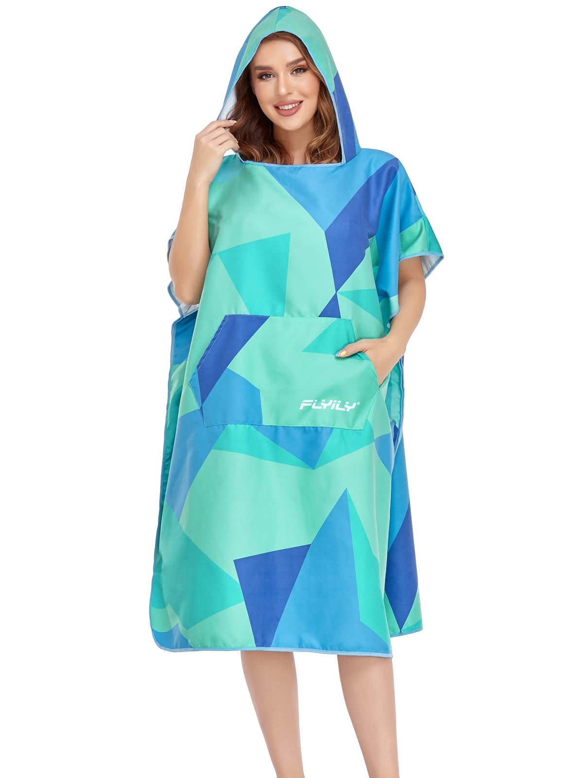 FLYILY Microfibre Surf Poncho Towel with Hood Bath Robe for swimming and beach changing One Size Fit All adults (Green)