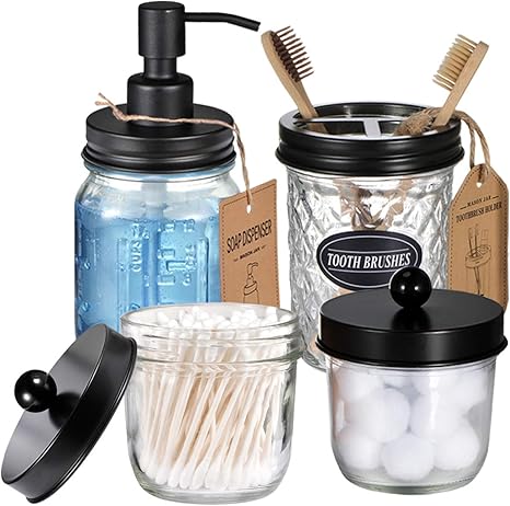 Huenlyel Mason Jar Bathroom Decor Accessories Set 4 Pcs Rustic Farmhouse Bathroom Accessories Decor Mason Jar Soap Dispenser Bathroom Toothbrush Holder Set 2 Apothecary Jars Bathroom Accessories Home Kitchen Swl13562 Nl