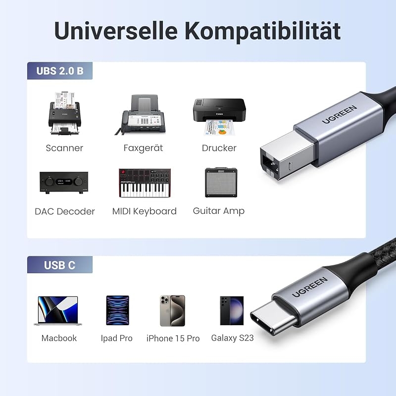 USB C Druckerkabel USB B auf USB C Kabel, Scannerkabel (Silber 1m)
