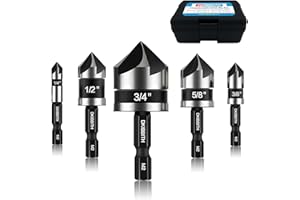 Countersink Drill Bit Set 5-Piece, M2 HSS, 82 Degree, 5 Flute, ¼” Quick Change Hex Shank, 1/4” 3/8” 1/2” 5/8” 3/4” Sharp and 