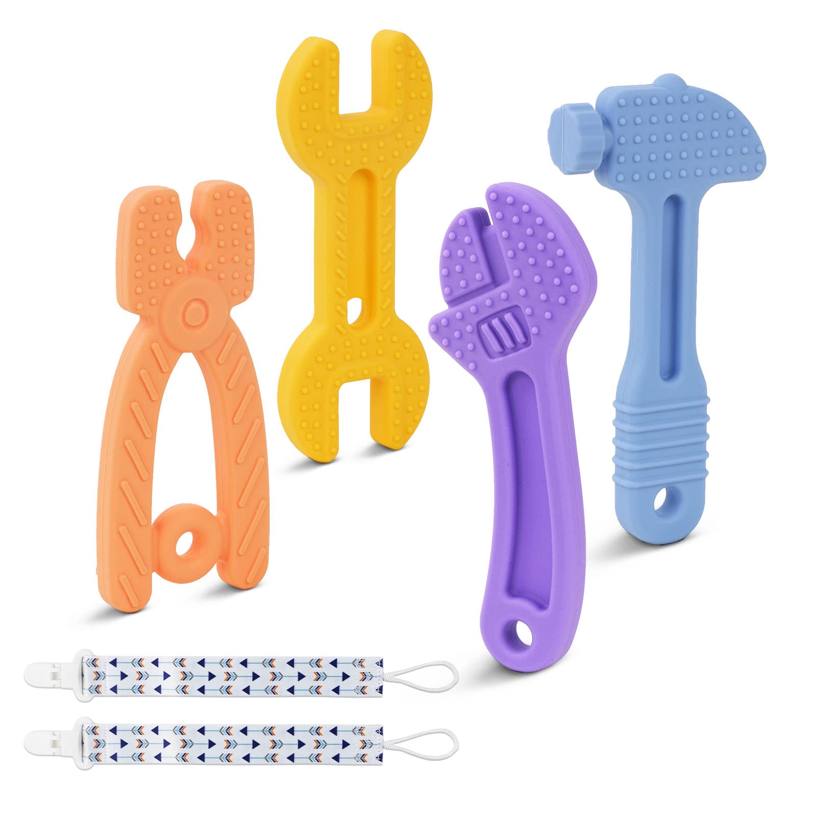 OSDUE 6 pcs Teething Toys，Baby Teething Toys Set for Stimulates and Massages Sore Gums，Soothing Teether with Anti-Lost Chain（BPA Free） Multicoloured—1