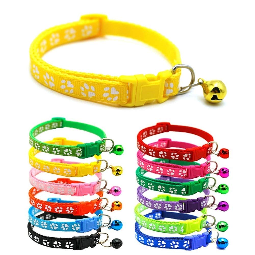 Small Dog Puppy Pet Collar Pawprint Design with Bell Nylon Adjustable Size 19-32cm Yellow — image 1