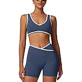 ABOCIW Workout Sets for Women Color Block Sports Bra Crossover Waist Shorts Gym Sets Woman Yoga Pilates Outfits Athletic Work Out Clothes Navy Large