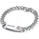 TTVOVO Medical Alert ID Bracelets for Men Women Stainless Steel SOS Emergency Medical Bracelets Link Chain Bracelet Identification Doctors Engravable Jewelry Gifts, 8.7Inches, Epilepsy