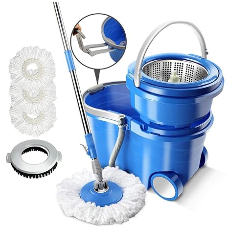 Masthome Wischmop und Eimer Set 360°drehbarer Wischer aus Edelstahl, 3 Wischerköpfe Faser und einen Bodenwischerkopf enthalte