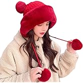 Winter Pompom Beanie Hats for Women Fluffy Knit Womens Beanie Faux Fur Crochet Skull Cap Warm Bucket Outdoor Ear Cover