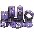 Real Cow Hide Leather Hand Made Wrist Ankle Thigh Cuffs & Collar Set 7 Pieces Purple & Black