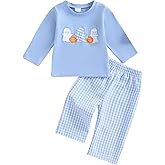 Arvbitana Toddler Baby Boy Halloween Ghost Pumpkin Outfit Long Sleeve Embroidery Tshirt Gingham Pants 2 Piece Smocked Clothes