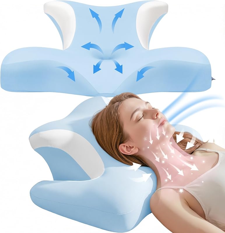 Almohada Cervicales y Cuello - Ergonómica para Dormir de Lado, Boca Arriba o Abajo, Espuma Viscoelástica, Diseño con Espacio para Orejas y Brazos, Funda Transpirable, 64×48×24 cm, Azul Cielo