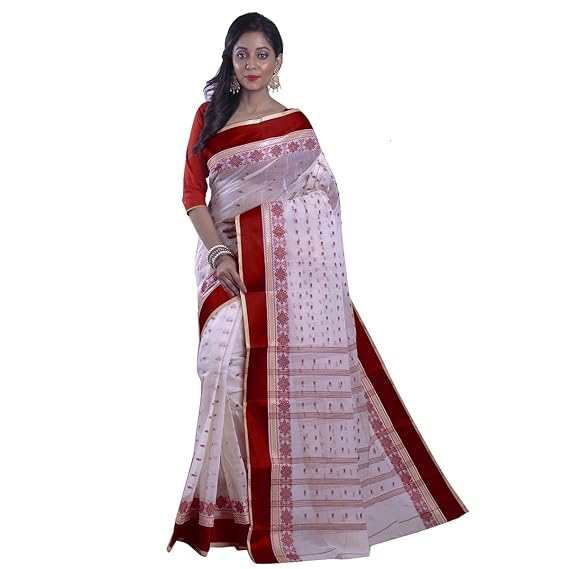 Womens Tant Tangail Handloom Cotton Saree Red Border White Without Blouse Piece