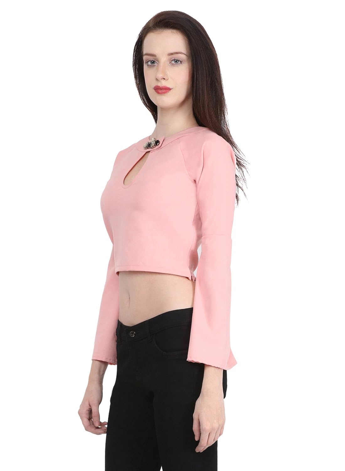 martini pink bell sleeve moss lycra embellished party crop top