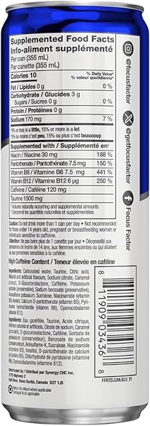 FOCUS FACTOR ENERGY DRINK – 12 X 355ML CANS (ORIGINAL FLAVOUR) – WITH FOCUS + ENERGY – LIGHTLY CARBONATED, SUGAR FREE, LOW CALORIE WITH VITAMIN B6 & VITAMIN B12