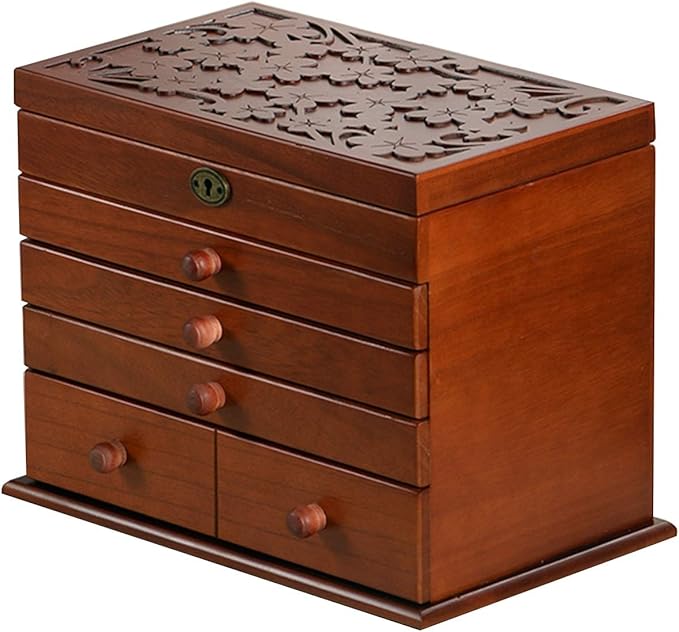 Jewellry box Lockable Jewelry Box with mirror Wood Grain Carved 5tier
